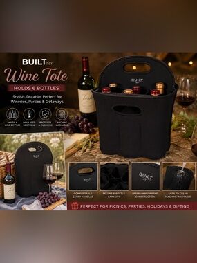 BUILT NY Neoprene 6-Bottle Wine Tote Carrier – Black Insulated Wine Bag